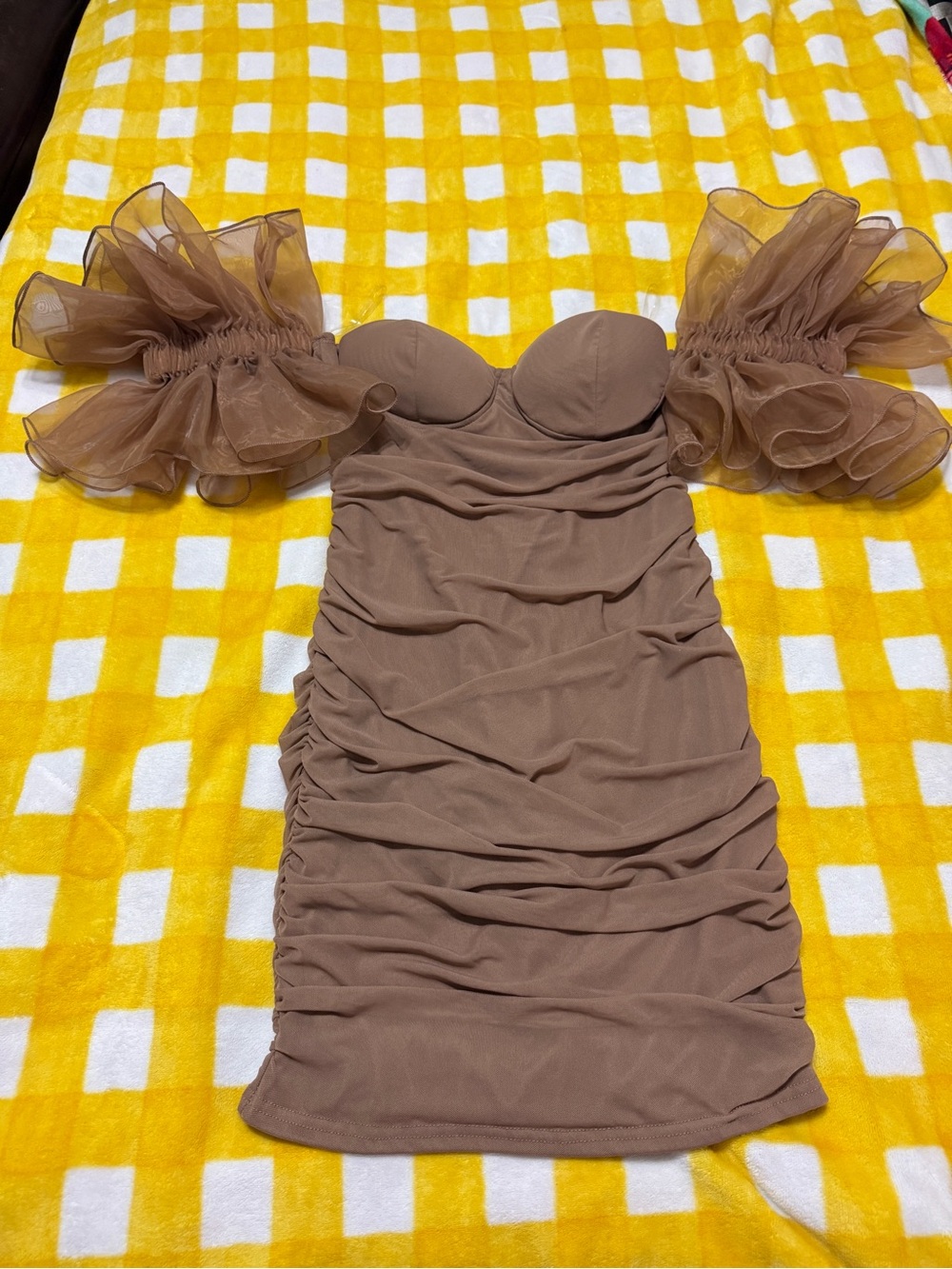 Strapless Ruching Mini Dress with Statement Organza Sleeves - Brown